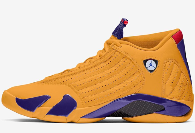 Real Jordan 14 University Gold Court Purple Varsity Red Royal Shoes - Click Image to Close